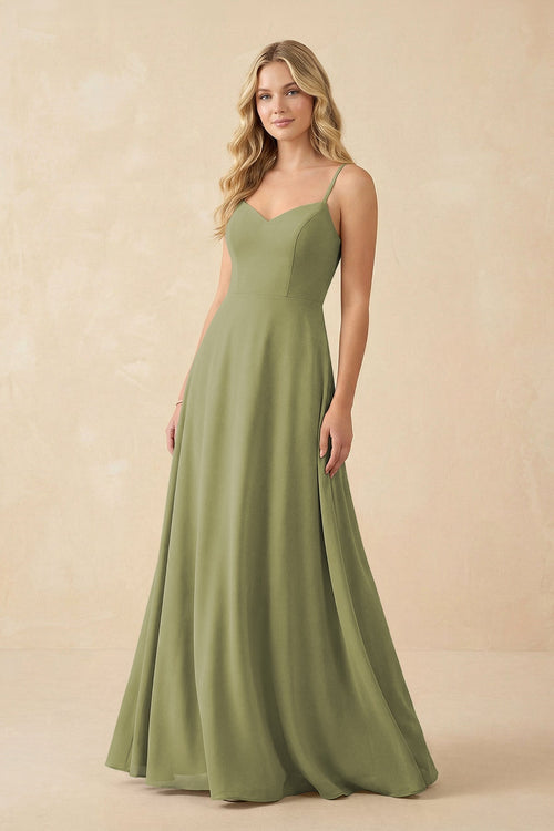 A-Line Chiffon Spaghetti Strap Bridesmaid Dress in Moss Green - KissProm BRIDESMAID DRESSES