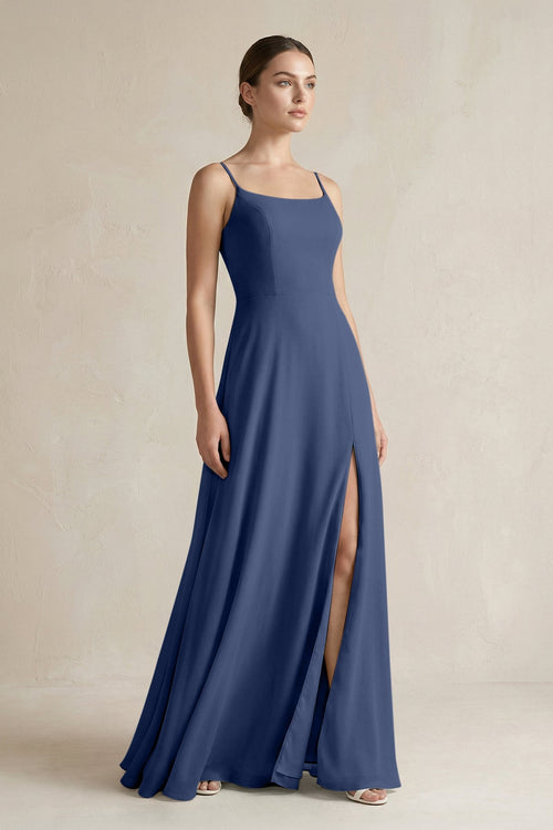 A - Line Chiffon Spaghetti Strap Bridesmaid Dress in Navy - KissProm Bridesmaid Dresses