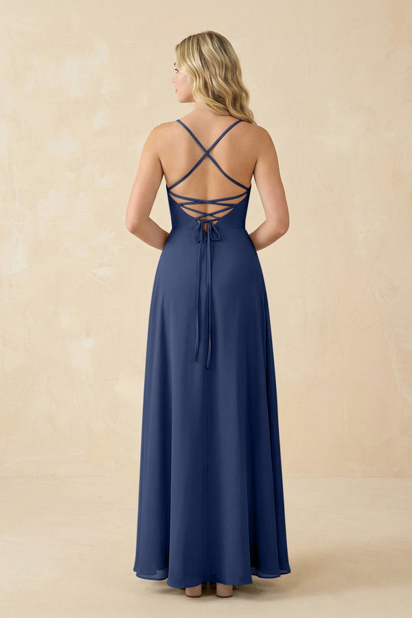 A-Line Chiffon Spaghetti Strap Bridesmaid Dress in Navy - KissProm BRIDESMAID DRESSES