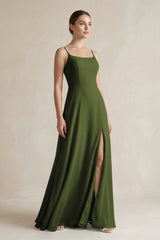 A - Line Chiffon Spaghetti Strap Bridesmaid Dress in Olive - KissProm Bridesmaid Dresses