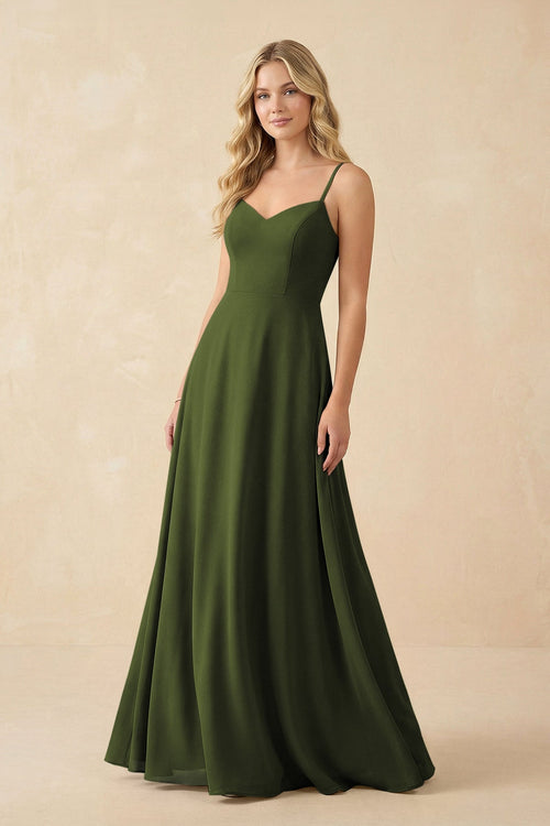 A-Line Chiffon Spaghetti Strap Bridesmaid Dress in Olive - KissProm BRIDESMAID DRESSES