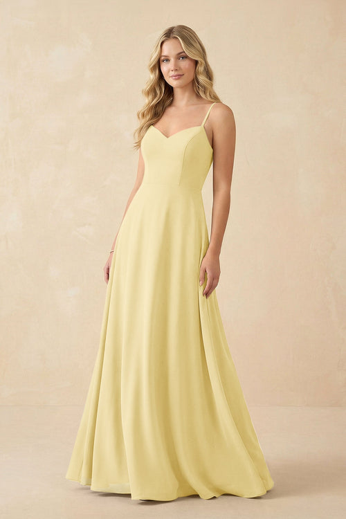 A-Line Chiffon Spaghetti Strap Bridesmaid Dress in Pastel Yellow - KissProm BRIDESMAID DRESSES