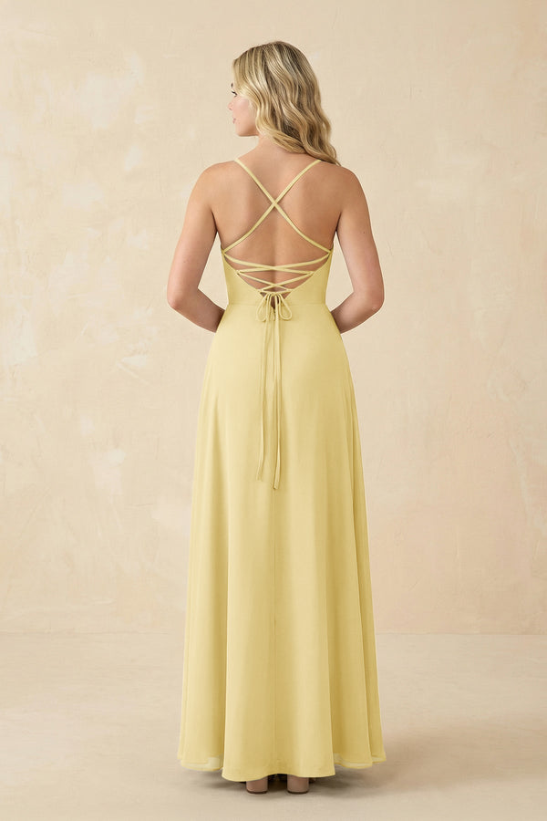 A-Line Chiffon Spaghetti Strap Bridesmaid Dress in Pastel Yellow - KissProm BRIDESMAID DRESSES