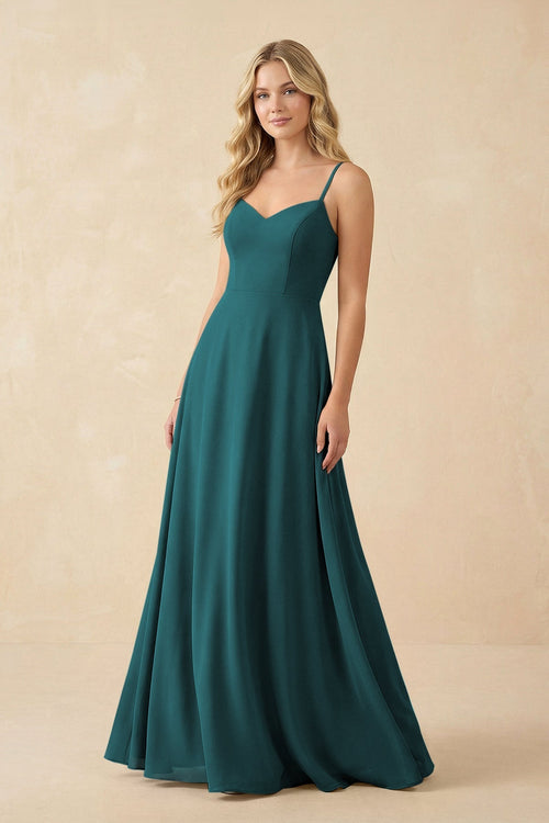 A-Line Chiffon Spaghetti Strap Bridesmaid Dress in Pine - KissProm BRIDESMAID DRESSES