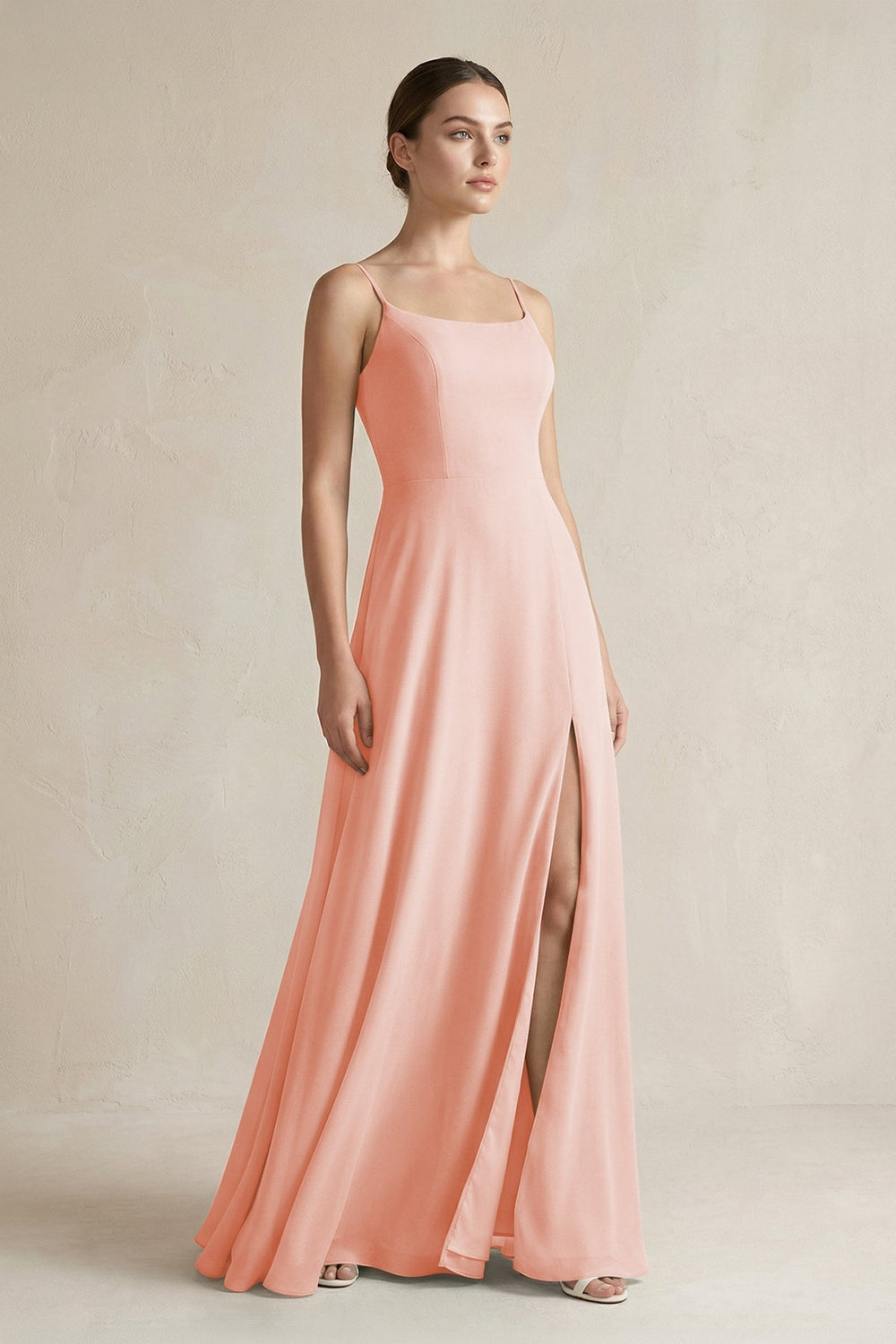A - Line Chiffon Spaghetti Strap Bridesmaid Dress in Rose Petal - KissProm Bridesmaid Dresses