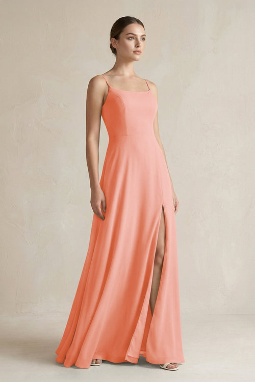 A - Line Chiffon Spaghetti Strap Bridesmaid Dress in Rosette - KissProm Bridesmaid Dresses