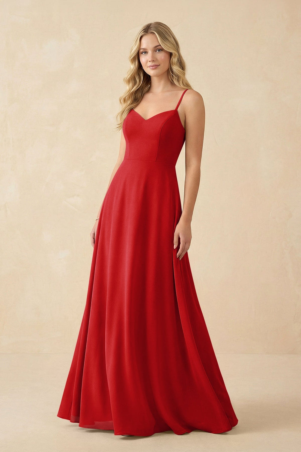 A-Line Chiffon Spaghetti Strap Bridesmaid Dress in Ruby Red - KissProm BRIDESMAID DRESSES
