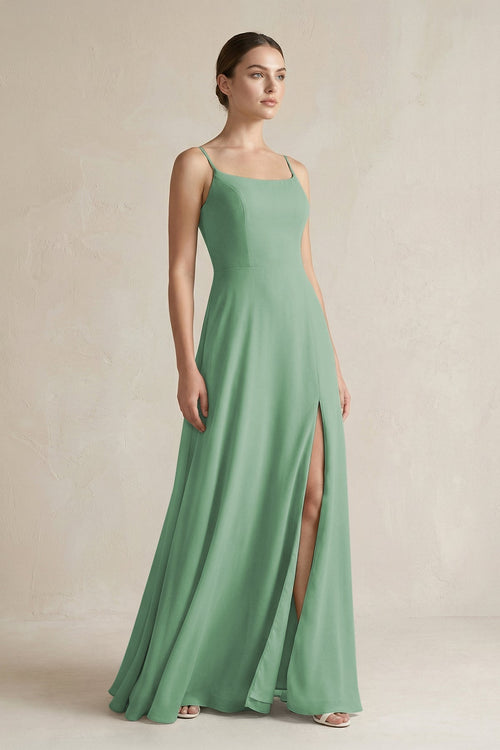 A - Line Chiffon Spaghetti Strap Bridesmaid Dress in Sea Glass - KissProm Bridesmaid Dresses
