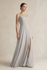 A - Line Chiffon Spaghetti Strap Bridesmaid Dress in Silver - KissProm Bridesmaid Dresses