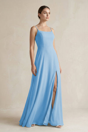 A - Line Chiffon Spaghetti Strap Bridesmaid Dress in Steel Blue - KissProm Bridesmaid Dresses