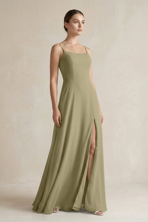 A - Line Chiffon Spaghetti Strap Bridesmaid Dress in Thyme - KissProm Bridesmaid Dresses
