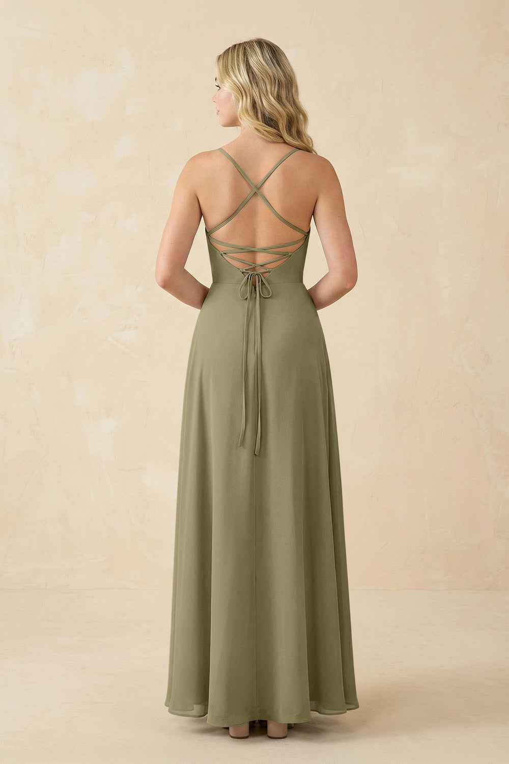 A-Line Chiffon Spaghetti Strap Bridesmaid Dress in Thyme - KissProm BRIDESMAID DRESSES