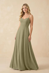 A-Line Chiffon Spaghetti Strap Bridesmaid Dress in Thyme - KissProm BRIDESMAID DRESSES