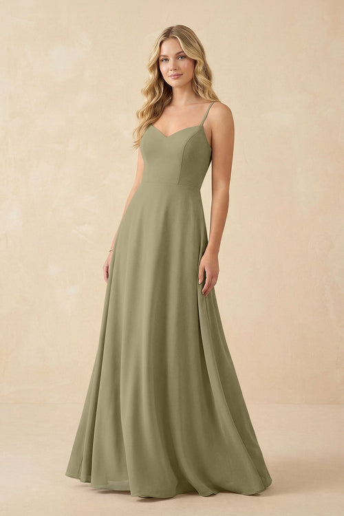 A-Line Chiffon Spaghetti Strap Bridesmaid Dress in Thyme - KissProm BRIDESMAID DRESSES