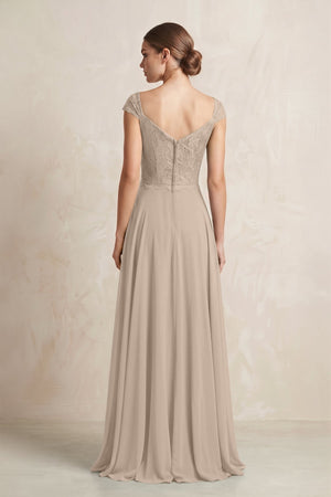 A - Line Chiffon V - Neck Pleated Bridesmaid Dress with Cap Sleeves in Almond - KissProm Bridesmaid Dresses