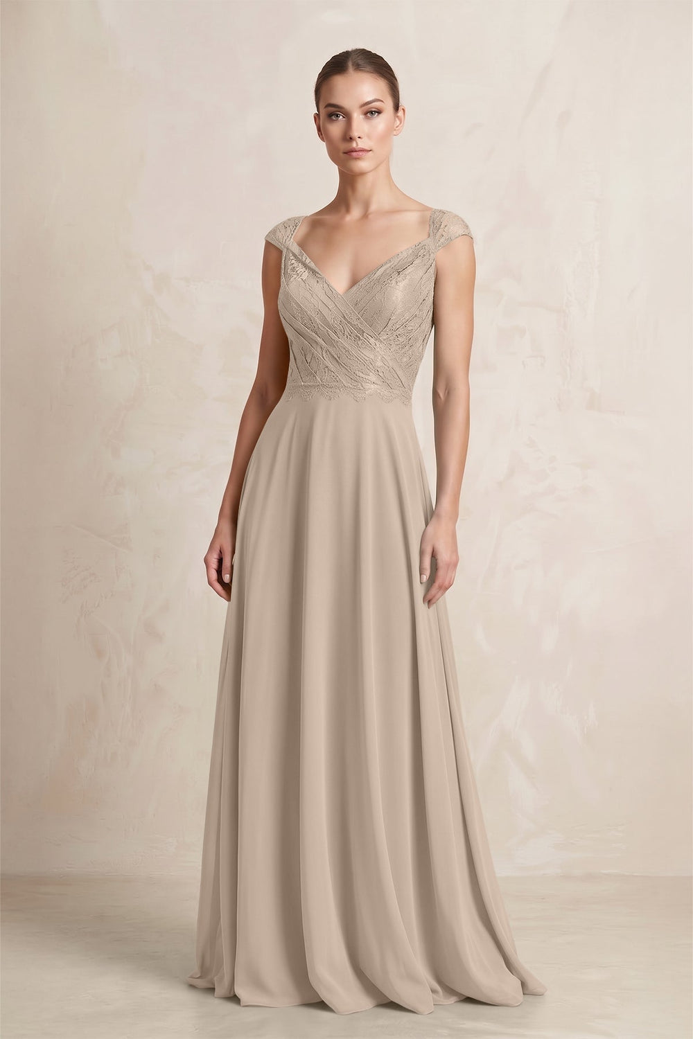 A - Line Chiffon V - Neck Pleated Bridesmaid Dress with Cap Sleeves in Almond - KissProm Bridesmaid Dresses