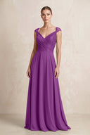 A - Line Chiffon V - Neck Pleated Bridesmaid Dress with Cap Sleeves in Amethyst - KissProm Bridesmaid Dresses