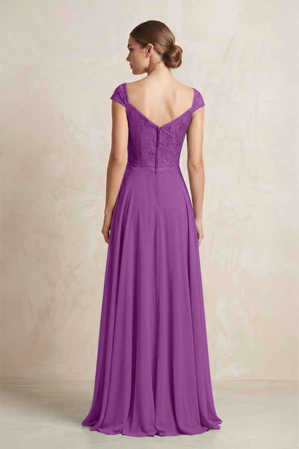 A - Line Chiffon V - Neck Pleated Bridesmaid Dress with Cap Sleeves in Amethyst - KissProm Bridesmaid Dresses