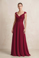 A - Line Chiffon V - Neck Pleated Bridesmaid Dress with Cap Sleeves in Berry - KissProm Bridesmaid Dresses