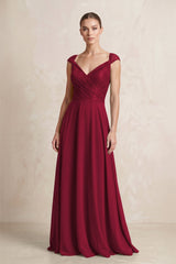 A - Line Chiffon V - Neck Pleated Bridesmaid Dress with Cap Sleeves in Berry - KissProm Bridesmaid Dresses