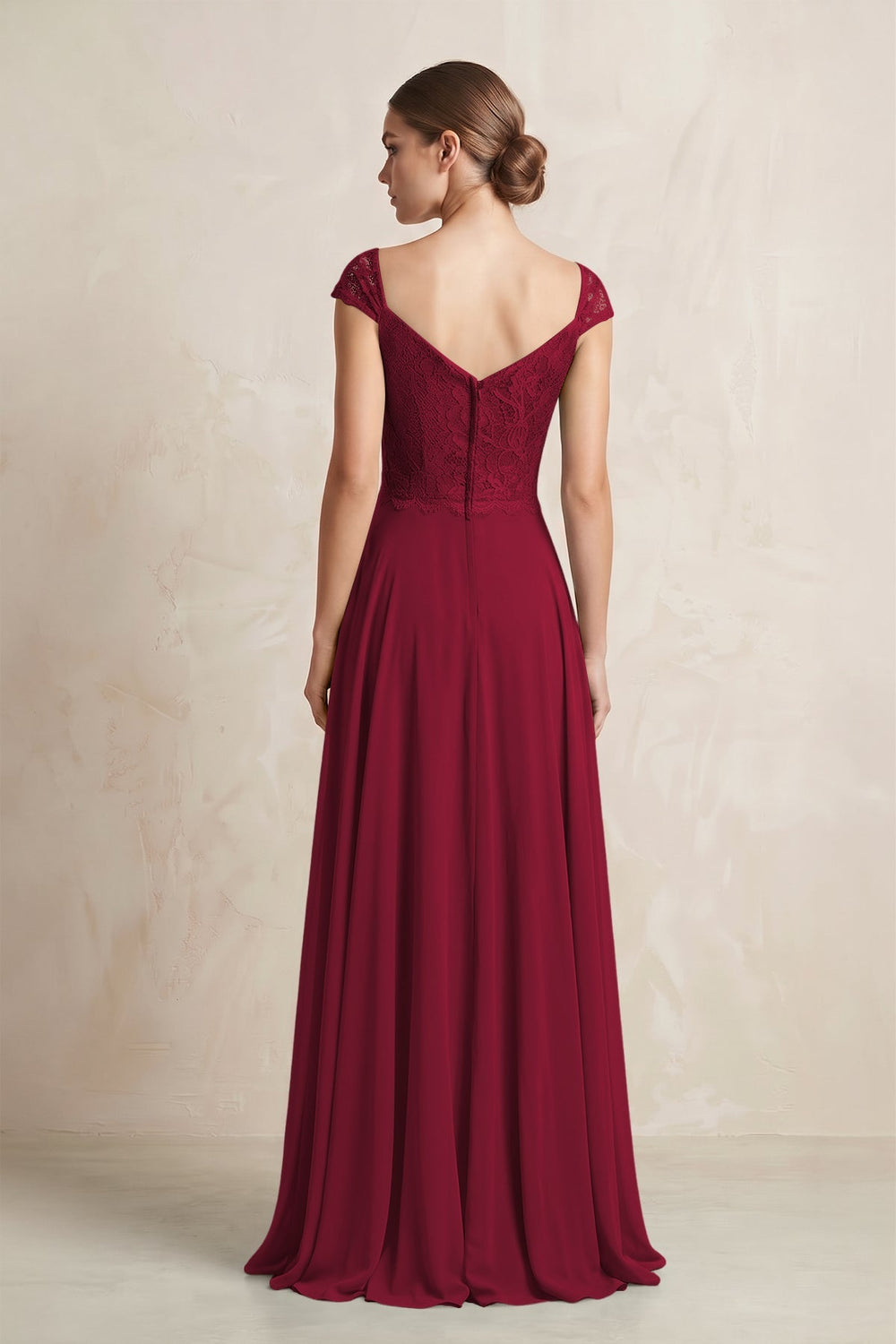 A - Line Chiffon V - Neck Pleated Bridesmaid Dress with Cap Sleeves in Berry - KissProm Bridesmaid Dresses