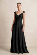 A - Line Chiffon V - Neck Pleated Bridesmaid Dress with Cap Sleeves in Black - KissProm Bridesmaid Dresses