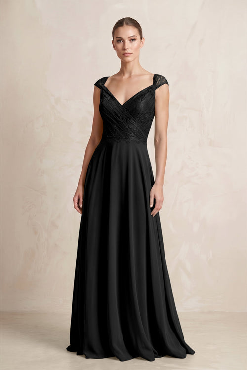 black dresses with cap sleeves Black Cap Sleeves Prom Dresses 3D Flowers V Neck Split main image 0