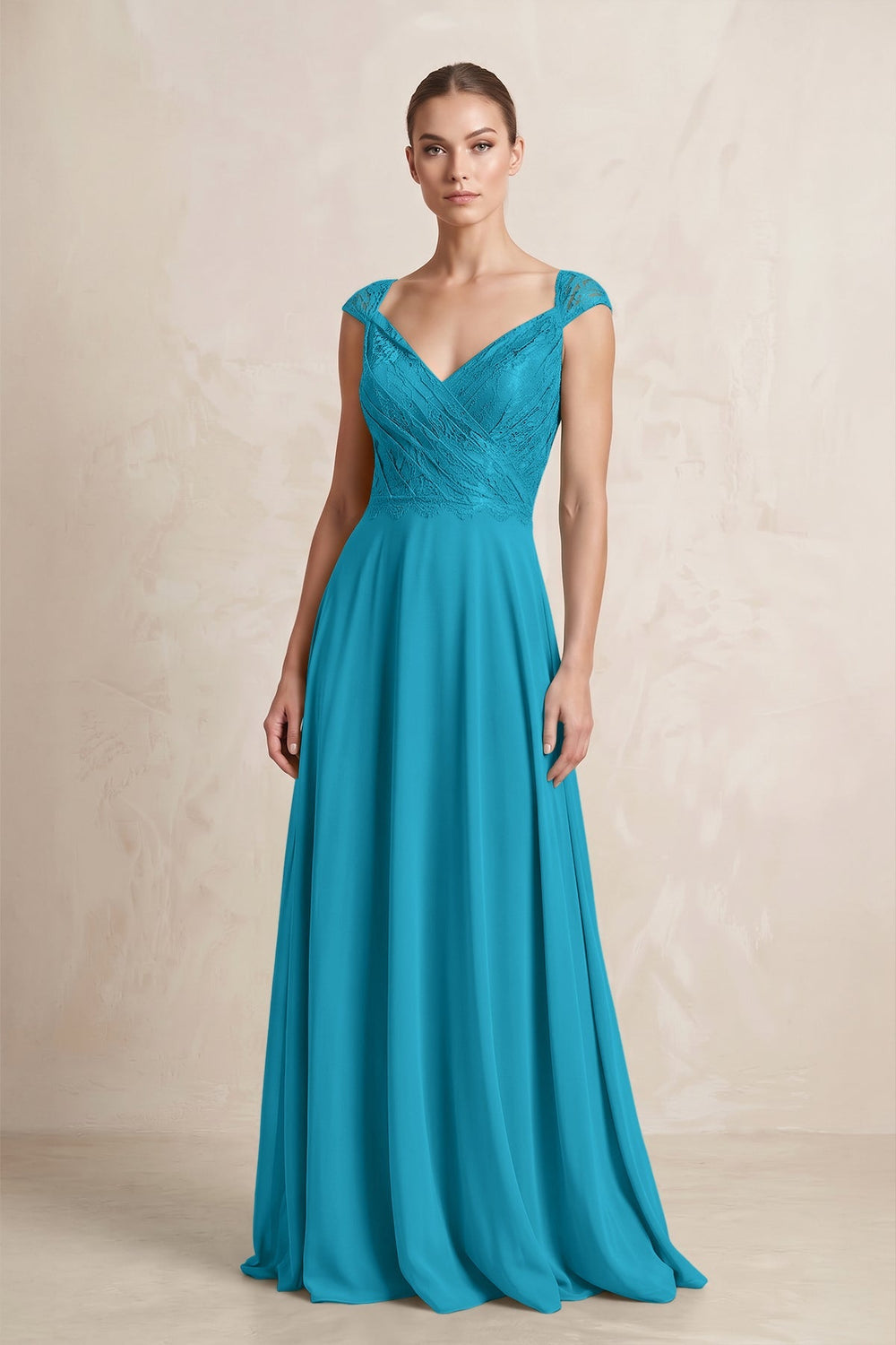 A - Line Chiffon V - Neck Pleated Bridesmaid Dress with Cap Sleeves in Blue Jay - KissProm Bridesmaid Dresses