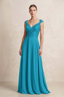 A - Line Chiffon V - Neck Pleated Bridesmaid Dress with Cap Sleeves in Blue Jay - KissProm Bridesmaid Dresses