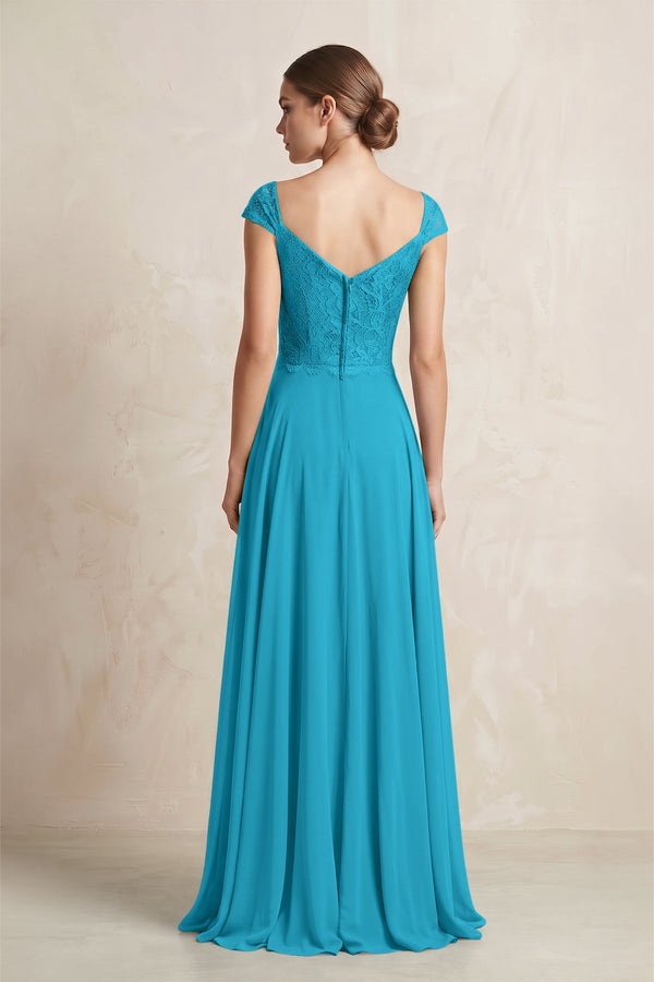 A - Line Chiffon V - Neck Pleated Bridesmaid Dress with Cap Sleeves in Blue Jay - KissProm Bridesmaid Dresses