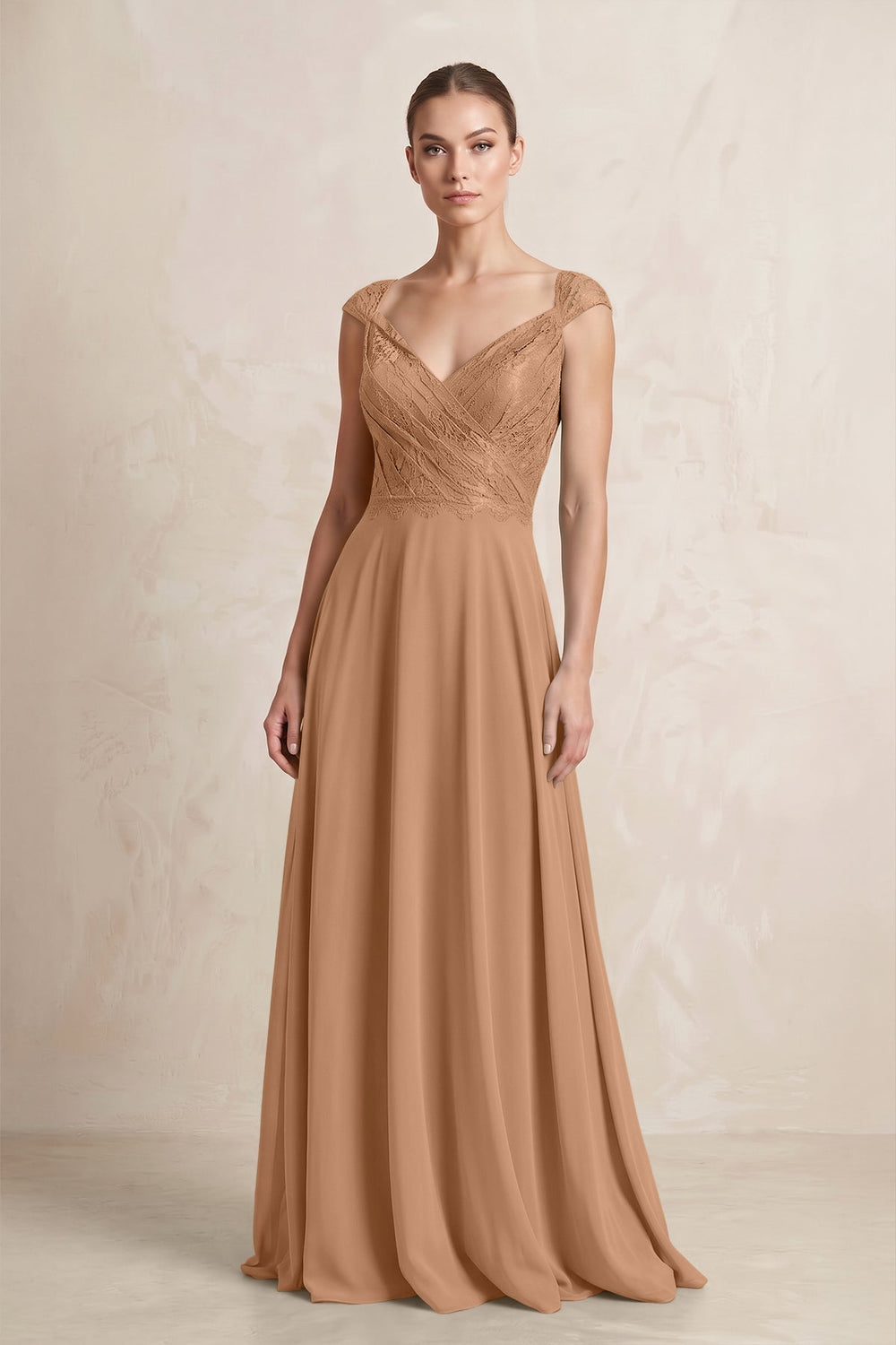 A - Line Chiffon V - Neck Pleated Bridesmaid Dress with Cap Sleeves in Bronzer - KissProm Bridesmaid Dresses