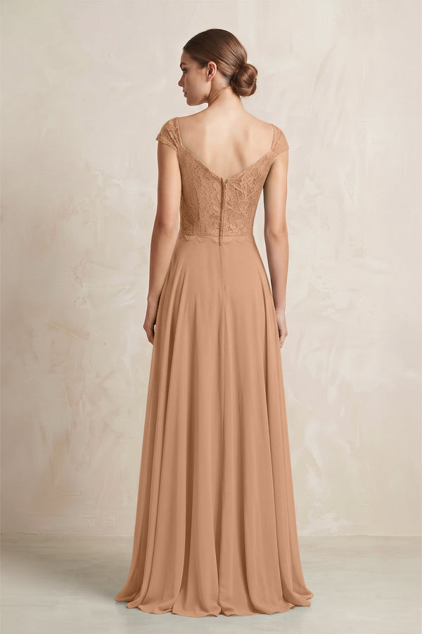 A - Line Chiffon V - Neck Pleated Bridesmaid Dress with Cap Sleeves in Bronzer - KissProm Bridesmaid Dresses