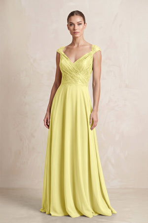 A - Line Chiffon V - Neck Pleated Bridesmaid Dress with Cap Sleeves in Buttercup - KissProm Bridesmaid Dresses