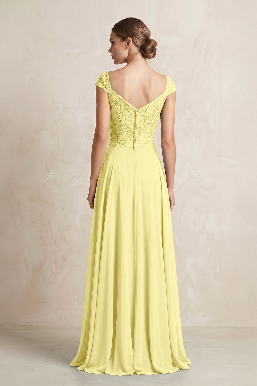 A - Line Chiffon V - Neck Pleated Bridesmaid Dress with Cap Sleeves in Buttercup - KissProm Bridesmaid Dresses