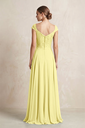 A - Line Chiffon V - Neck Pleated Bridesmaid Dress with Cap Sleeves in Buttercup - KissProm Bridesmaid Dresses