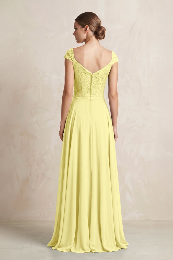 A - Line Chiffon V - Neck Pleated Bridesmaid Dress with Cap Sleeves in Buttercup - KissProm Bridesmaid Dresses