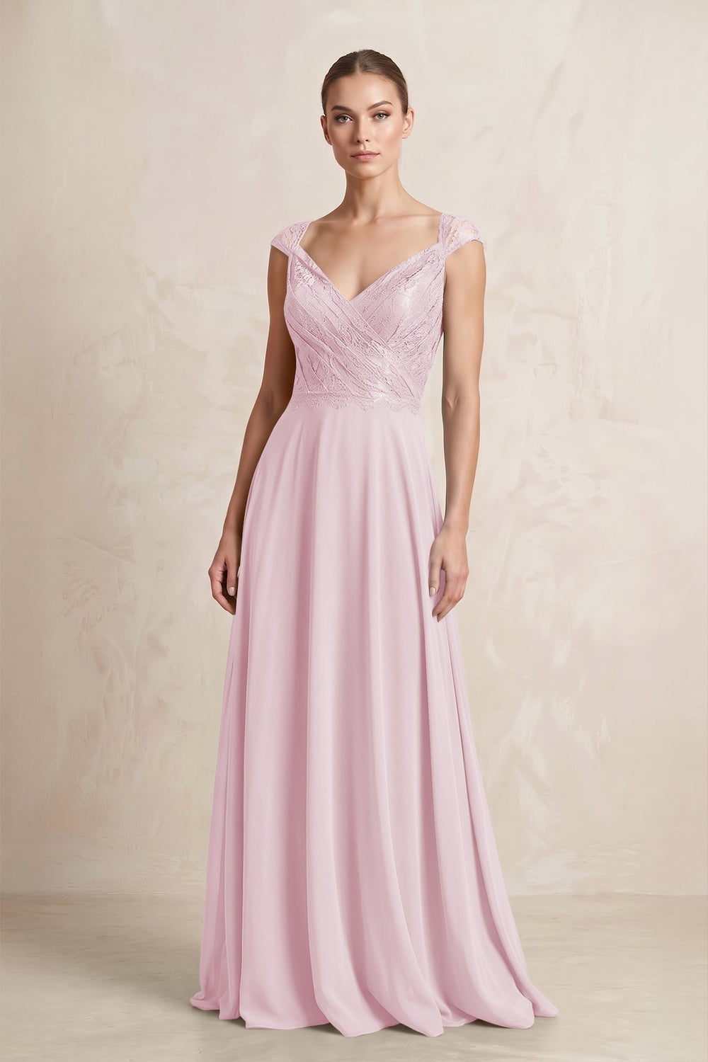 A - Line Chiffon V - Neck Pleated Bridesmaid Dress with Cap Sleeves in Candy Pink - KissProm Bridesmaid Dresses