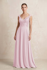 A - Line Chiffon V - Neck Pleated Bridesmaid Dress with Cap Sleeves in Candy Pink - KissProm Bridesmaid Dresses