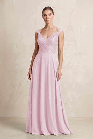 A - Line Chiffon V - Neck Pleated Bridesmaid Dress with Cap Sleeves in Candy Pink - KissProm Bridesmaid Dresses