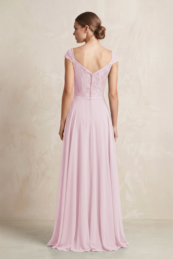 A - Line Chiffon V - Neck Pleated Bridesmaid Dress with Cap Sleeves in Candy Pink - KissProm Bridesmaid Dresses