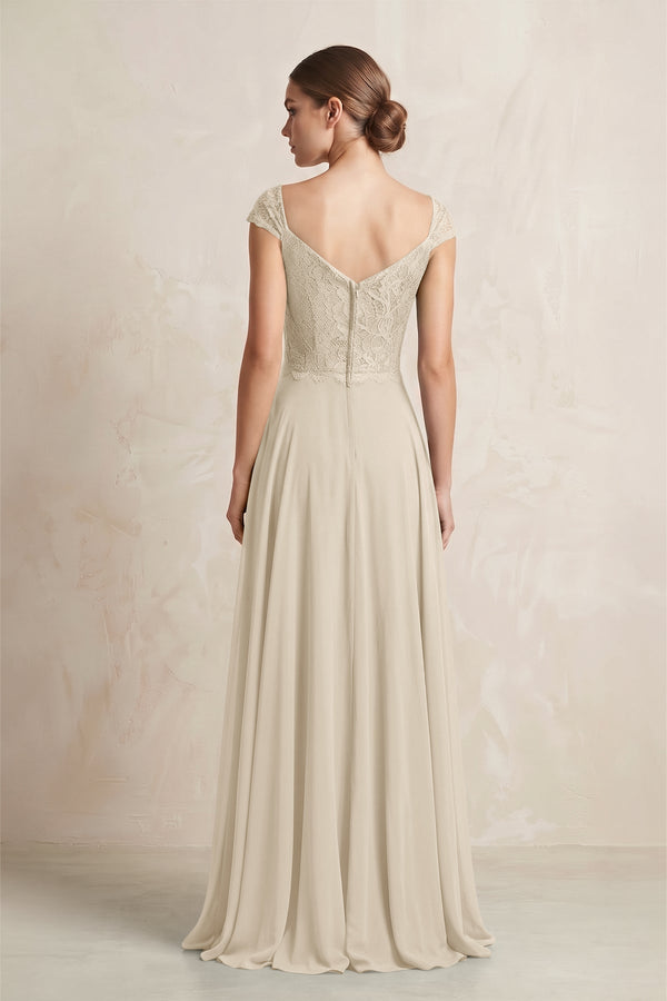 A - Line Chiffon V - Neck Pleated Bridesmaid Dress with Cap Sleeves in Champagne - KissProm Bridesmaid Dresses