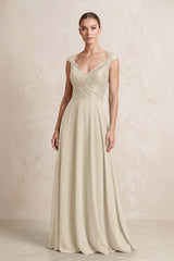 A - Line Chiffon V - Neck Pleated Bridesmaid Dress with Cap Sleeves in Champagne - KissProm Bridesmaid Dresses