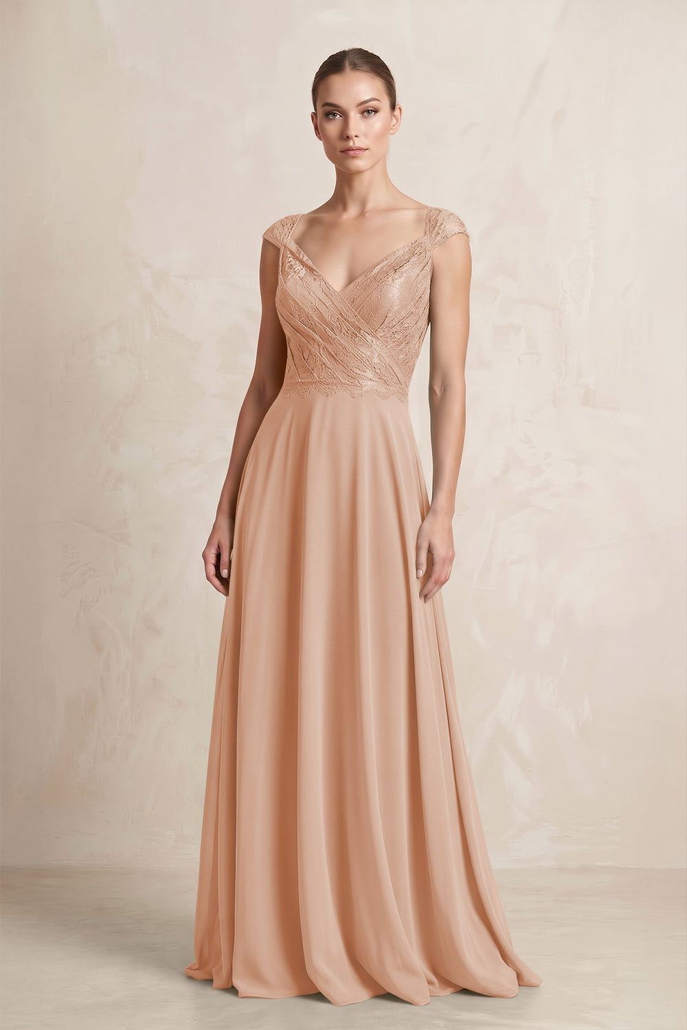A - Line Chiffon V - Neck Pleated Bridesmaid Dress with Cap Sleeves in Champagne Rose - KissProm Bridesmaid Dresses