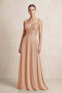 A - Line Chiffon V - Neck Pleated Bridesmaid Dress with Cap Sleeves in Champagne Rose - KissProm Bridesmaid Dresses
