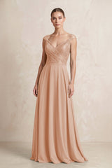 A - Line Chiffon V - Neck Pleated Bridesmaid Dress with Cap Sleeves in Champagne Rose - KissProm Bridesmaid Dresses