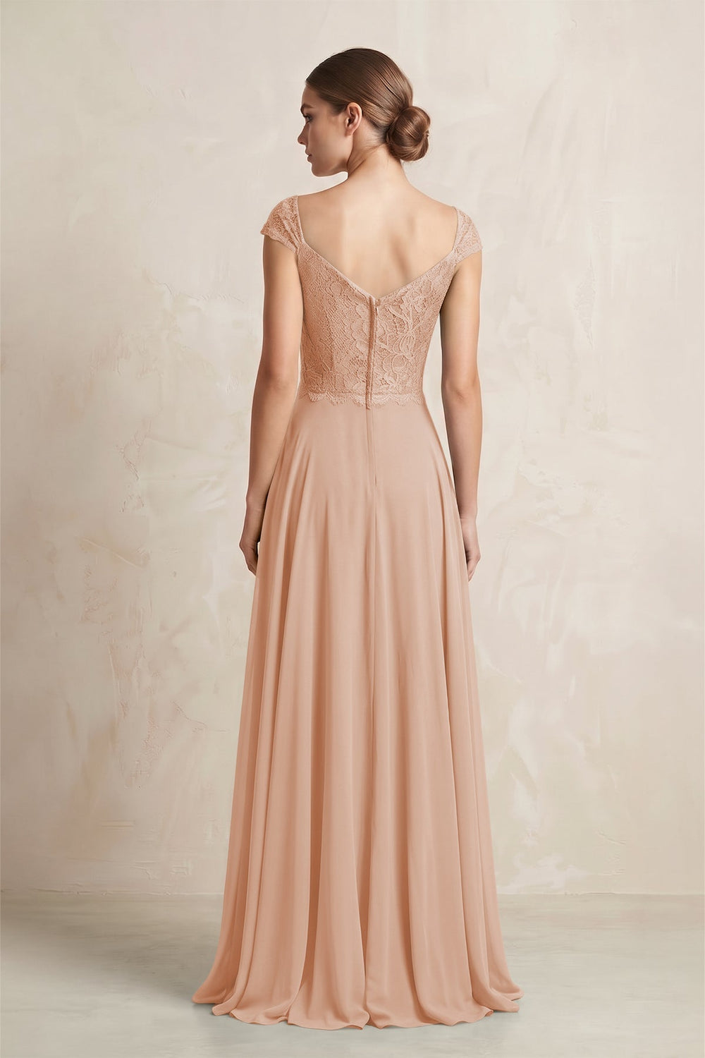 A - Line Chiffon V - Neck Pleated Bridesmaid Dress with Cap Sleeves in Champagne Rose - KissProm Bridesmaid Dresses