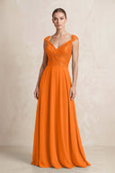 A - Line Chiffon V - Neck Pleated Bridesmaid Dress with Cap Sleeves in Cinnamon - KissProm Bridesmaid Dresses