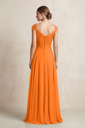 A - Line Chiffon V - Neck Pleated Bridesmaid Dress with Cap Sleeves in Cinnamon - KissProm Bridesmaid Dresses