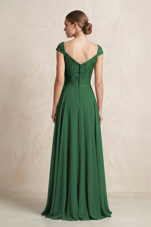 A - Line Chiffon V - Neck Pleated Bridesmaid Dress with Cap Sleeves in Dark Green - KissProm Bridesmaid Dresses