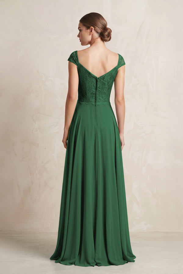 A - Line Chiffon V - Neck Pleated Bridesmaid Dress with Cap Sleeves in Dark Green - KissProm Bridesmaid Dresses